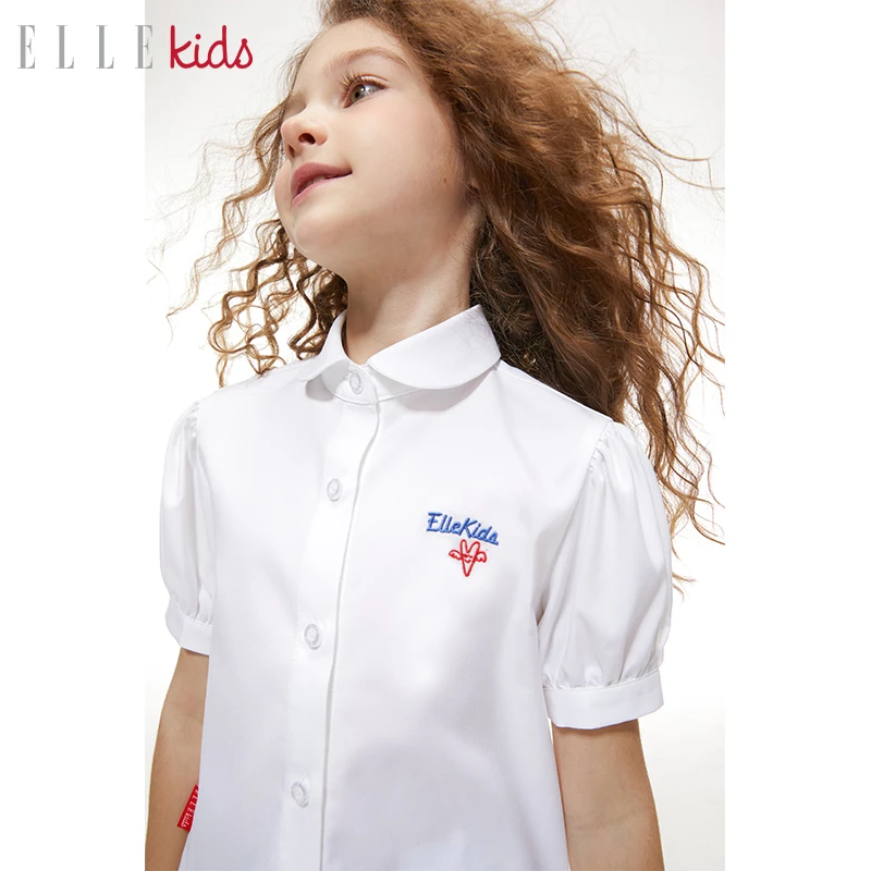 【ELLEkids】童装 竹纤维弹力短袖女童春夏装法式娃娃领泡泡袖衬衫