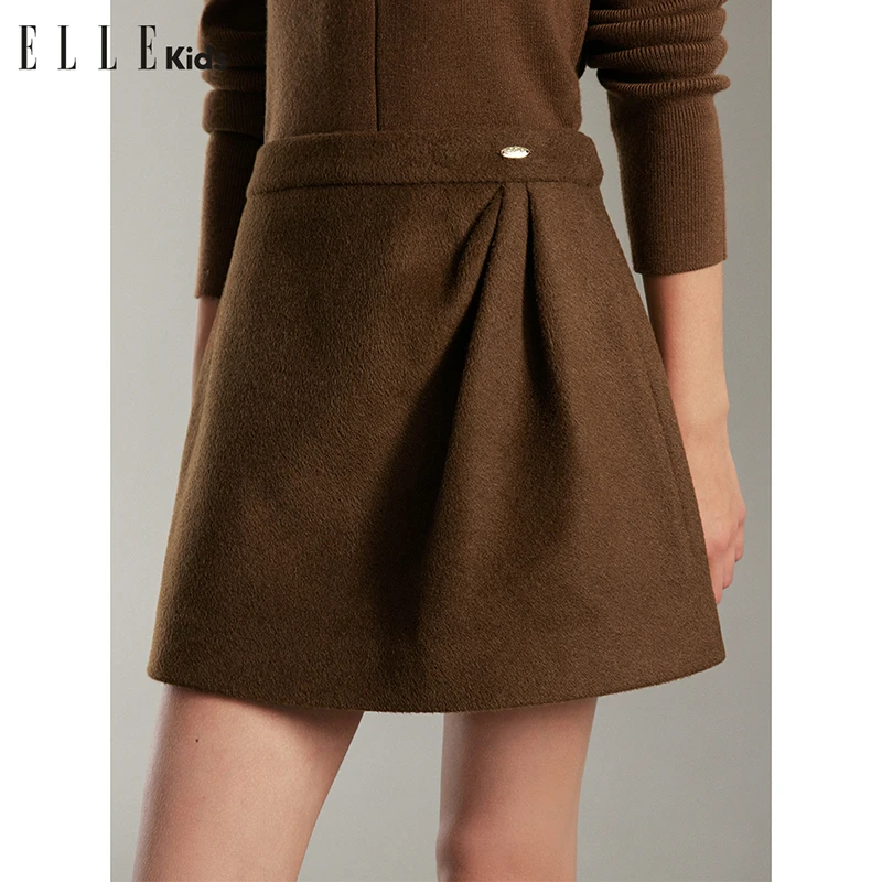 ELLEkids童装美拉德小个子抽皱女儿童冬季法式简约A字半身短裙D5