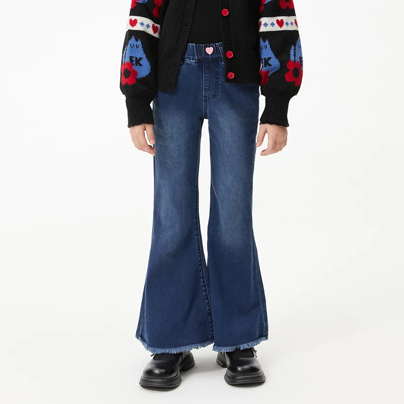 【ELLEkids】童装 胶原蛋白弹力软牛仔毛边牛仔裤女童秋季喇叭裤子