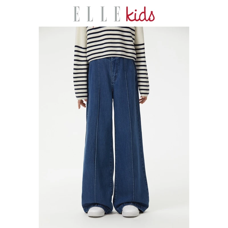 ELLEkids童装 莱赛尔软牛仔微喇百搭牛仔裤女童秋季宽松直筒裤子