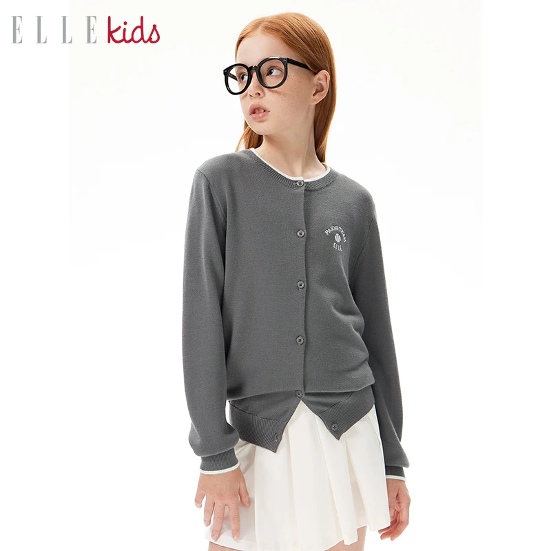 ELLEkids童装法式运动风绣花针织开衫女童春季新款圆领内搭毛衣C3