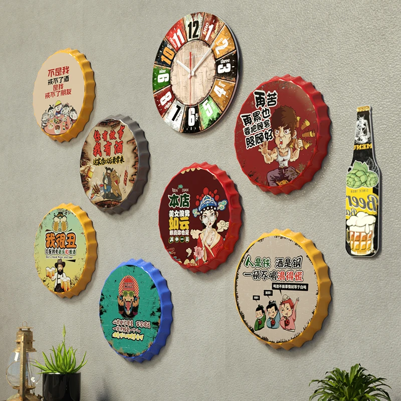 烧烤店墙面装饰品复古创意啤酒盖酒吧餐厅火锅店场景布置铁皮画