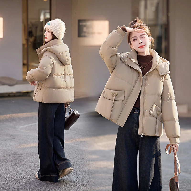 韩版连帽羽绒服女2024年冬季新款休闲时尚宽松加厚保暖白鸭绒外套