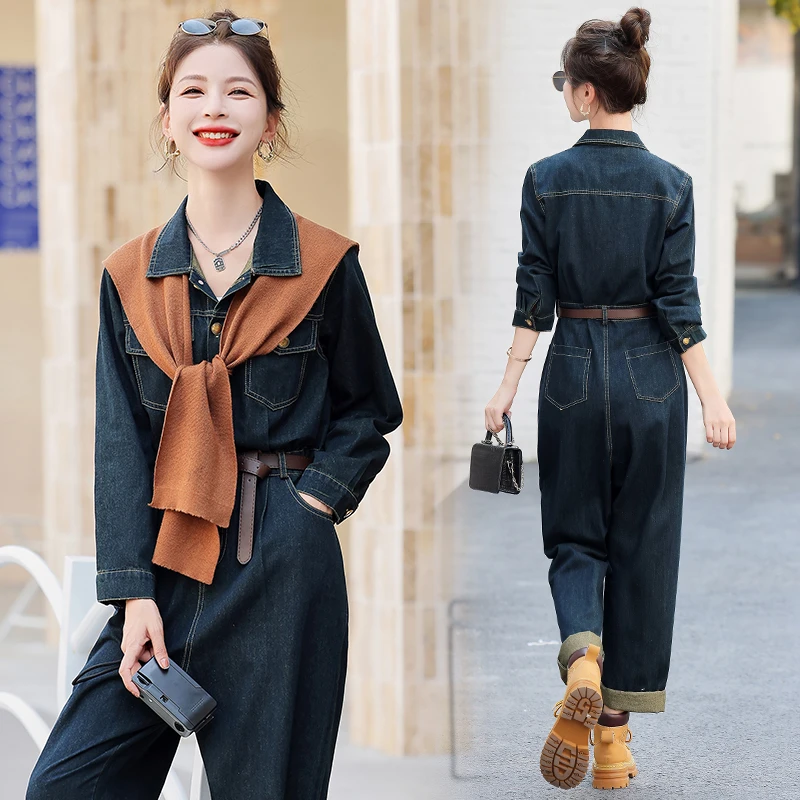 复古港风工装牛仔连体裤女2025年春秋新款休闲时尚洋气减龄连衣裤