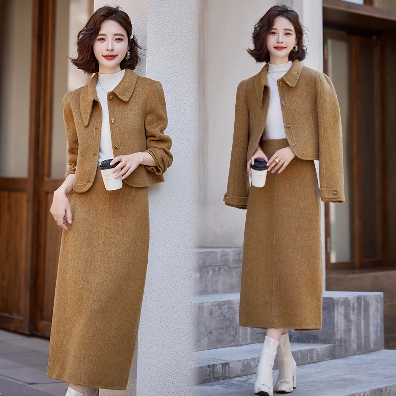 时尚休闲羊毛双面呢套装女2025春秋新款简约优雅大气半身裙两件套