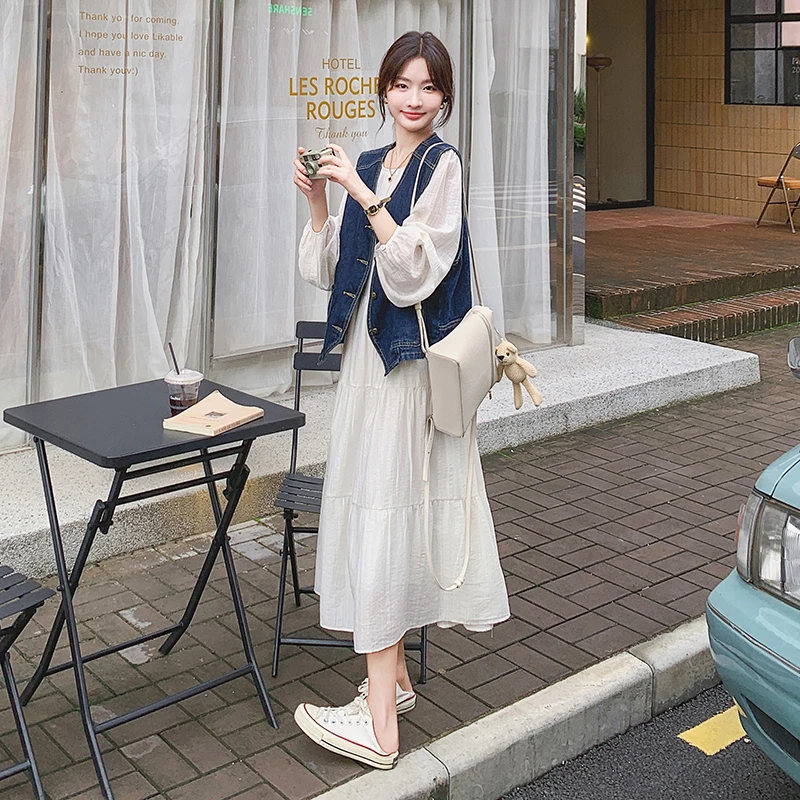 法式复古牛仔马甲套装女2025年春秋新款洋气减龄宽松连衣裙两件套