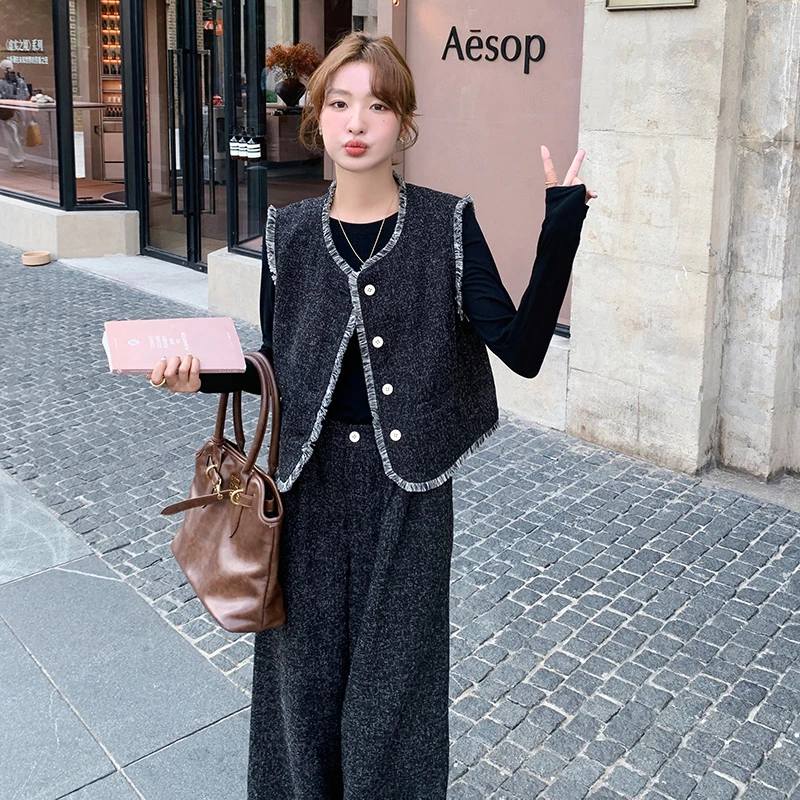 小香风流苏毛边马甲套装女2024年秋季新款时尚高级感阔腿裤三件套