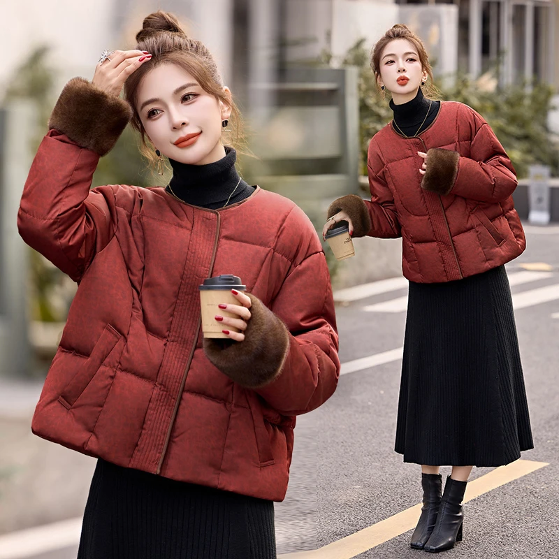 新中式印花短款羽绒服2024冬季新款高级感毛绒拼接白鸭绒加厚外套