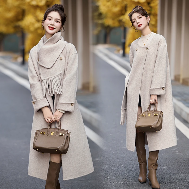 带围巾双面羊毛大衣女2025秋冬新款高级感气质显瘦中长款毛呢外套