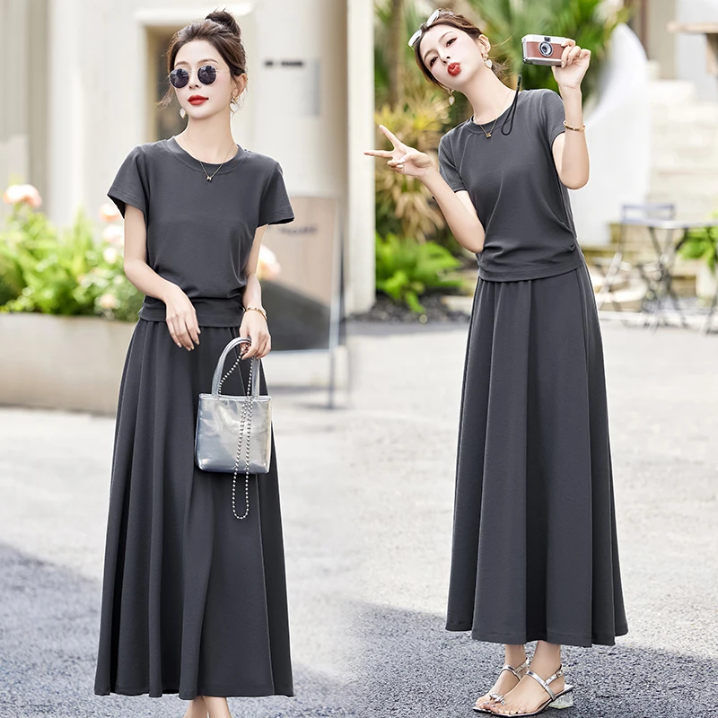 休闲时尚半身裙套装女2025夏季新款洋气减龄遮肚显瘦连衣裙两件套