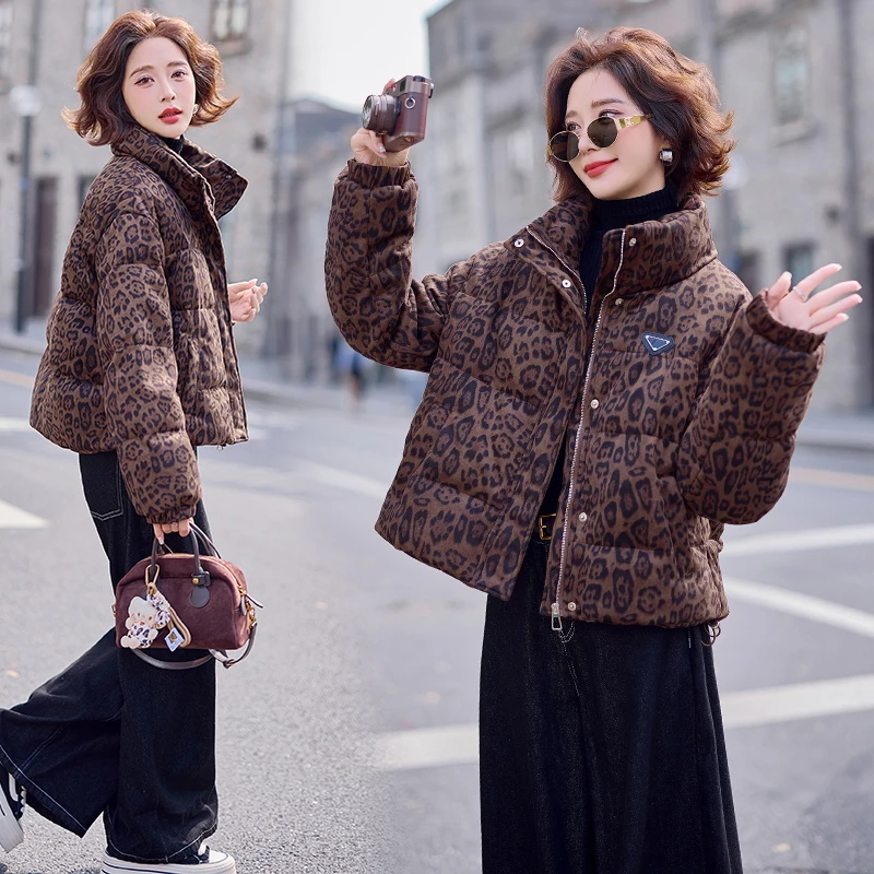 复古豹纹立领羽绒服女2025冬季新款小个子加厚保暖白鸭绒短款外套
