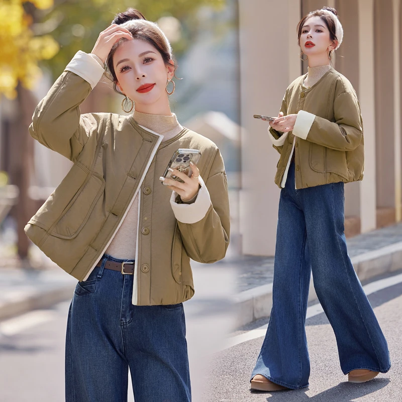 设计感撞色拼接棉服外套女短款2024年冬季新款韩版宽松小个子棉袄