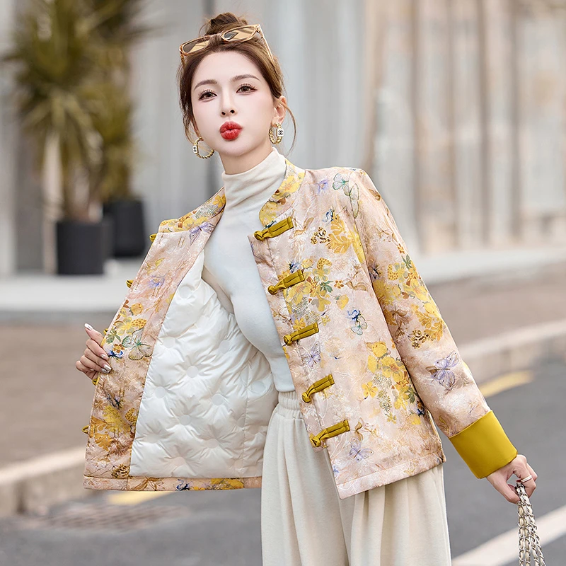 新中式国风印花羽绒服女2025冬季新款复古盘扣唐装白鸭绒短款外套