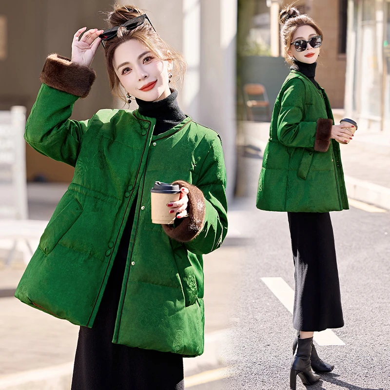 新中式国风提花羽绒服女2025年冬季新款高级感气质白鸭绒保暖外套