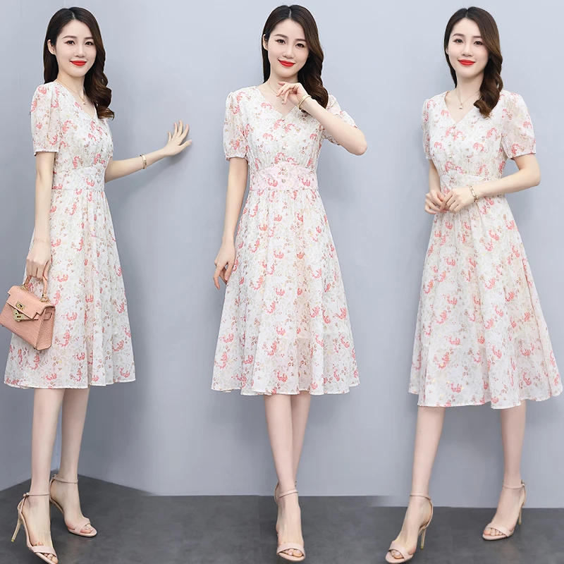 法式雪纺碎花连衣裙女2025夏季新款高级感气质温柔风收腰显瘦裙子