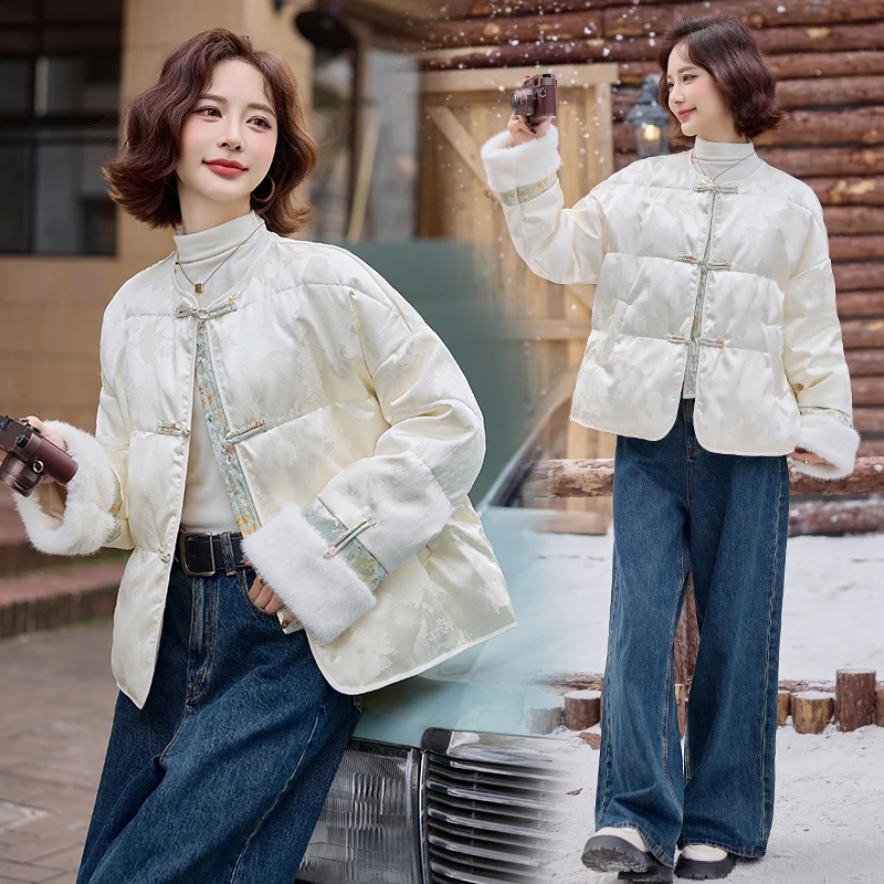 新中式国风提花羽绒服女2024冬季新款复古刺绣盘扣白鸭绒短款外套