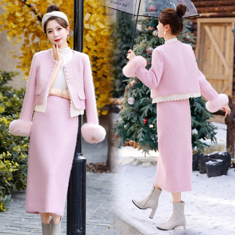 法式小香风蕾丝拼接羽绒套装女冬季新款气质名媛毛呢半身裙两件套