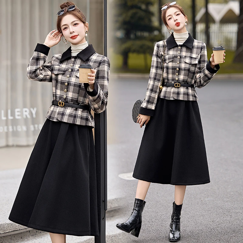 法式小香风格子毛呢套装女2025秋冬新款洋气减龄时尚半身裙两件套