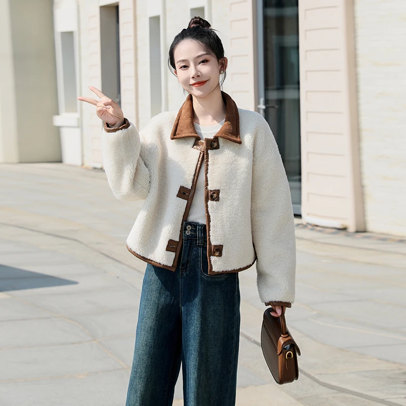 双面可穿皮毛一体外套女2024冬季新款小个子加绒加厚仿羊羔毛上衣