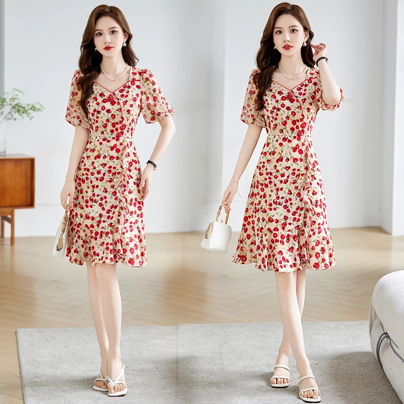 法式轻熟风碎花连衣裙女2025年夏季新款时尚高级感气质名媛鱼尾裙