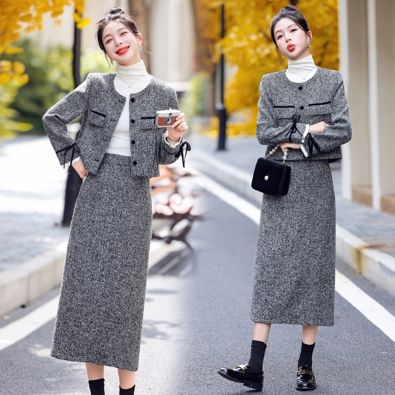 法式小香风套装女2025秋冬新款高级感气质减龄温柔风半身裙两件套