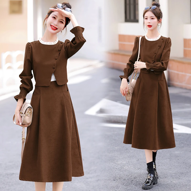 法式小香风假两件连衣裙女2025春秋新款高级感气质遮肚子显瘦裙子