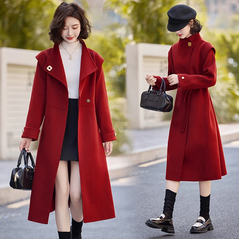红色双面羊毛大衣女中长款2024秋冬新款高级感气质英伦风呢子外套