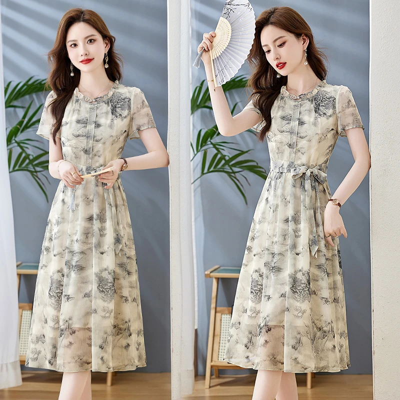 法式水墨画连衣裙女2025夏季新款轻奢高级感气质收腰显瘦中长裙子