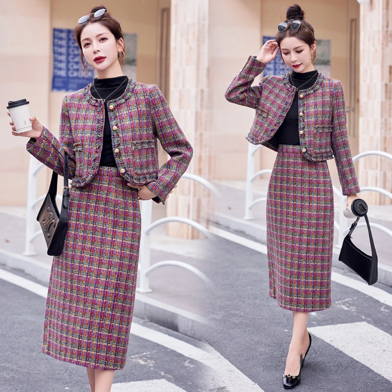 法式小香风套装女2025年春秋新款名媛风气质高端毛呢半身裙两件套
