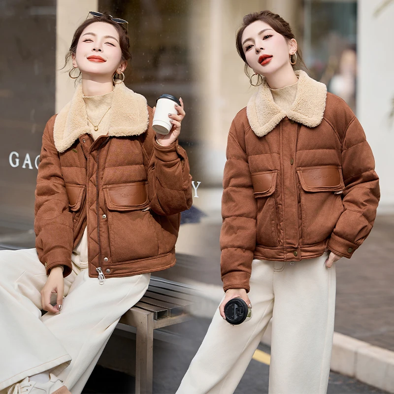 羊羔毛拼接羽绒服女短款2025年冬季新款洋气减龄小个子白鸭绒外套