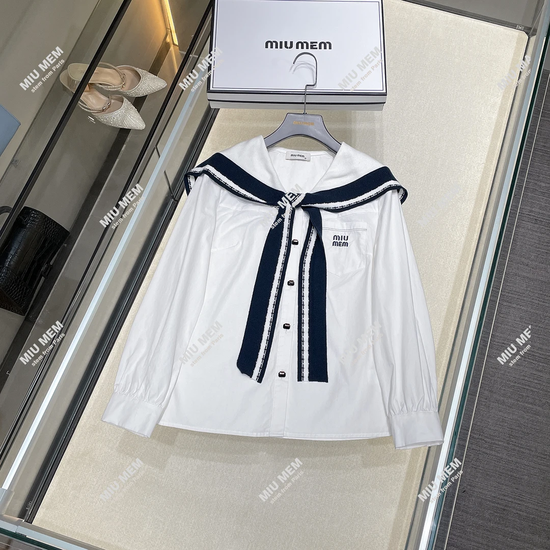MIUMEM法式设计感气质撞色海军领衬衫上衣女DY4742