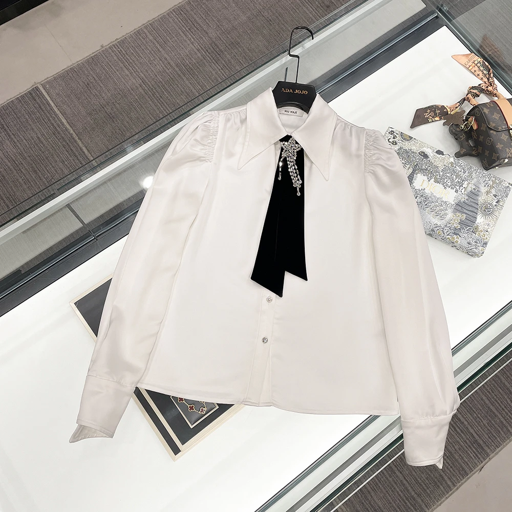 MIU MAJE【星芒琉璃】秋季新款尖领流苏五角星领结正肩衬衫AL0787