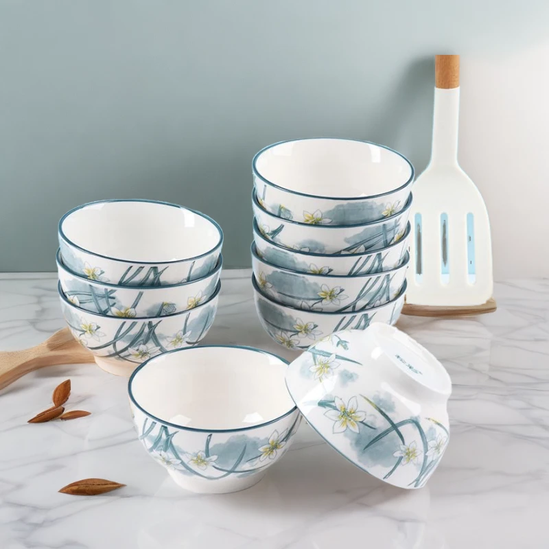 4.6英寸10只装水仙花日式陶瓷米饭碗釉下彩