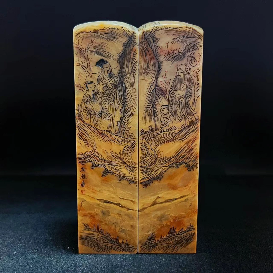 一石伴刻 雅藏昌化石整料对开线雕福禄寿对章纯手工篆刻定制对章