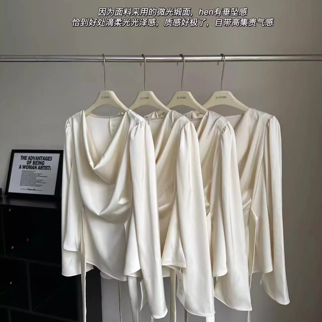 【清欲香槟名媛】荡领系带衬衣收腰褶皱缎面气质上衣女