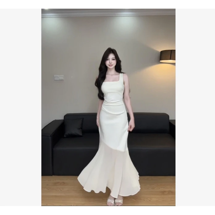 【迷离花语】气质高级感拼接鱼尾吊带连衣裙女时尚修身长裙白色显瘦
