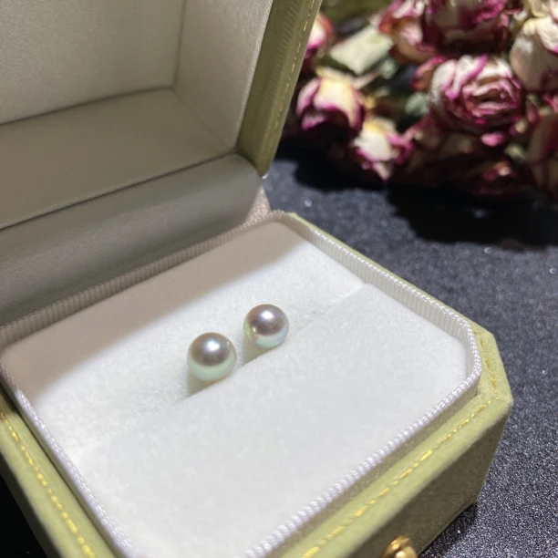 【沧海遗珠】天然海水珍珠Akoya真多麻灰色珍珠6-7耳钉素钉耳环S925