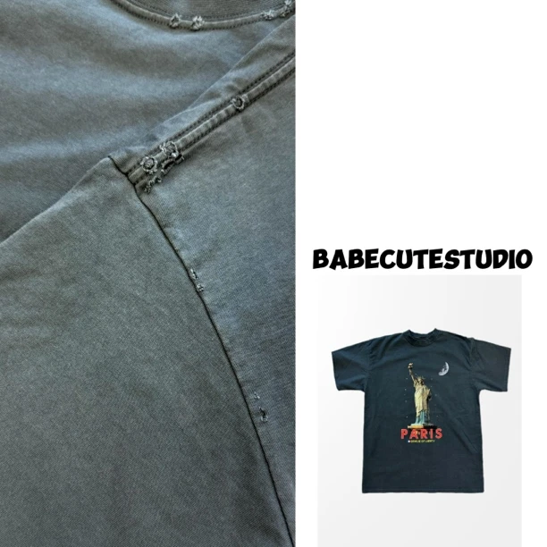 BABECUTE/ 自由女神24ss 无性别穿搭 os版破洞小领口男女同款T恤