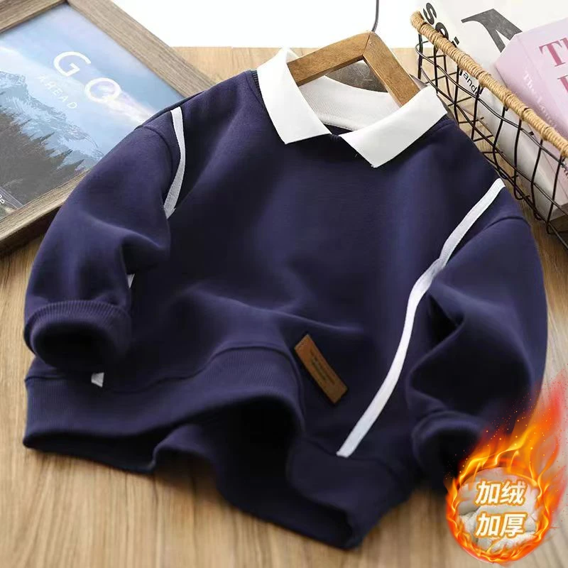 儿童翻领卫衣冬季新款萌娃中大童休闲假两件男女童加绒卫衣POLO衫