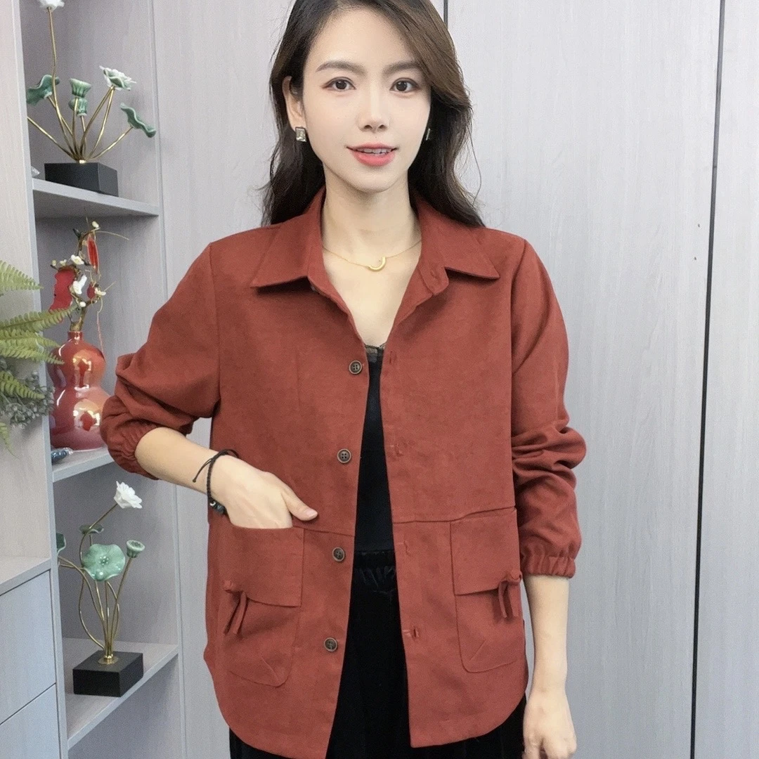 新款时尚秋季长袖妈妈装外套中年女装纯色百搭显瘦衬衫大口袋上衣