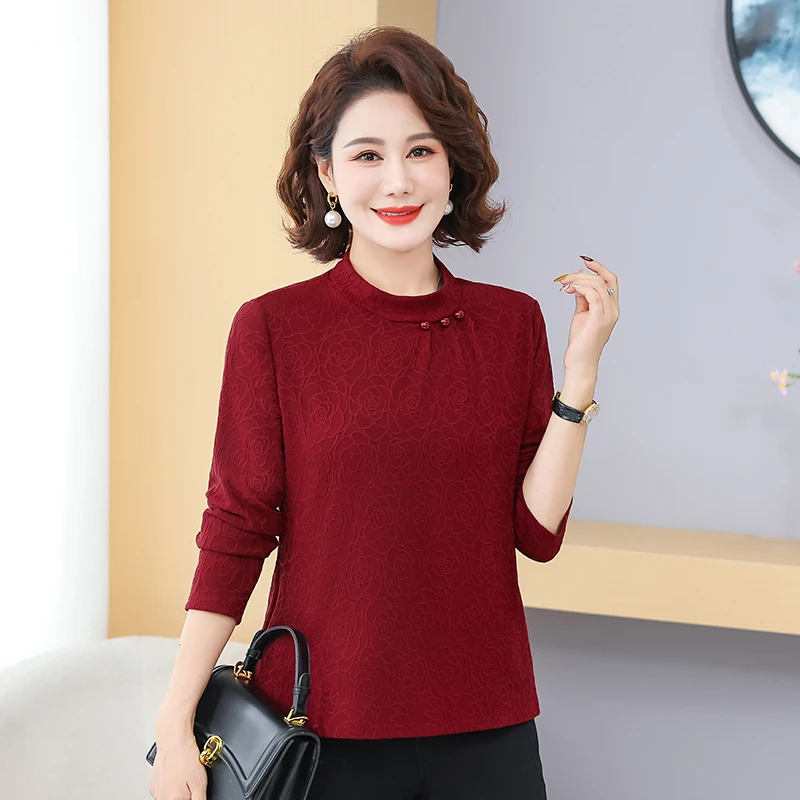 新款妈妈装秋冬薄绒时尚气质打底衫中老年女装百搭纯色小衫上衣
