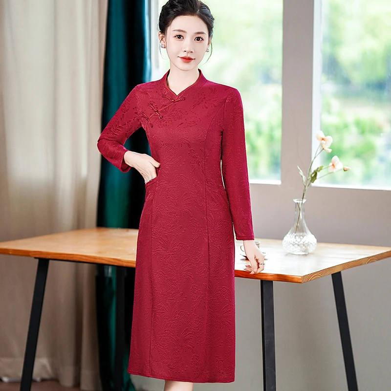 时尚新款妈妈装秋款长袖连衣裙新中式改良旗袍婚宴中长款显瘦裙子