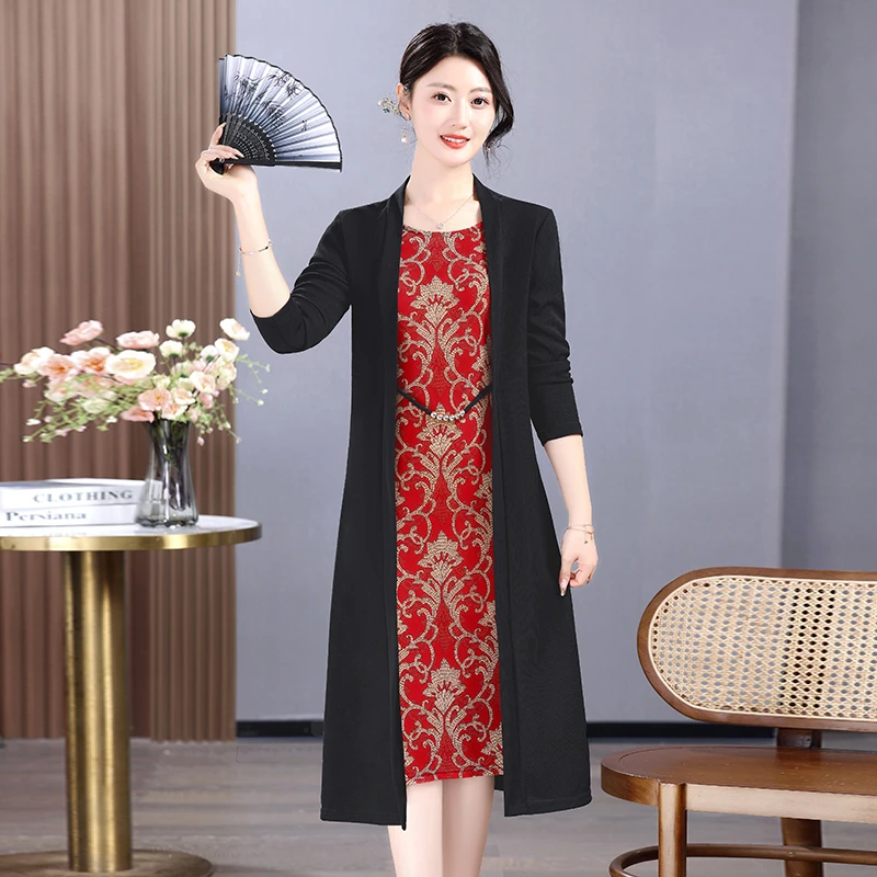 时尚新款妈妈装春秋假两件连衣裙中老年女装宽松显瘦开衫气质裙子