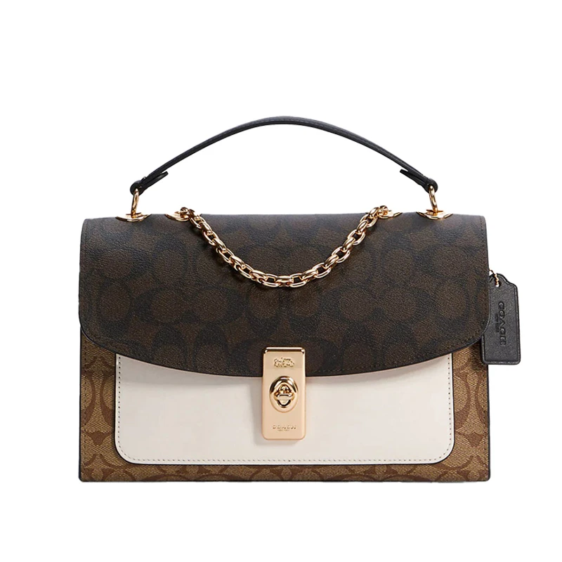 COACH 蔻驰 Lane 系列 女士翻盖金属链条单肩包手拎包 棕色logo