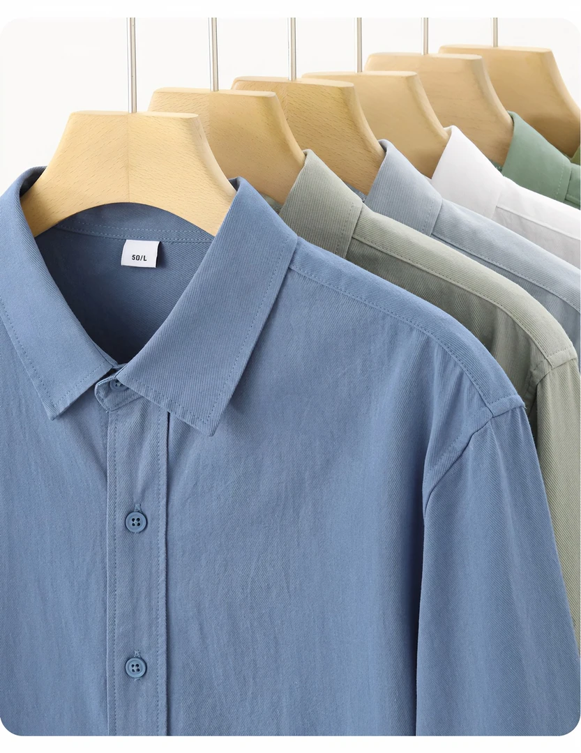 2025情侣新款休闲衬衫纯棉长袖衬衫翻领纯色上衣长袖衬衣薄款衬衫