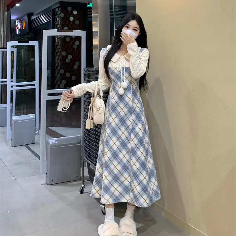 温柔学院风长袖假两件连衣裙2024秋新款高腰裙子胖mm遮肚显瘦1652