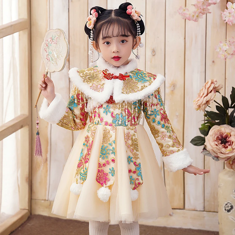 835汉服女童连衣裙秋冬裙子红色加绒新款儿童拜年服冬款公主裙冬