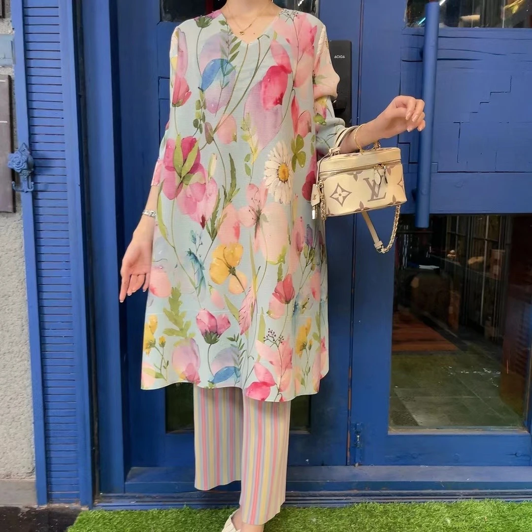 【莫奈花园】欧洲站褶皱爆款洋气质高档端印花春夏季时尚套装SSA084