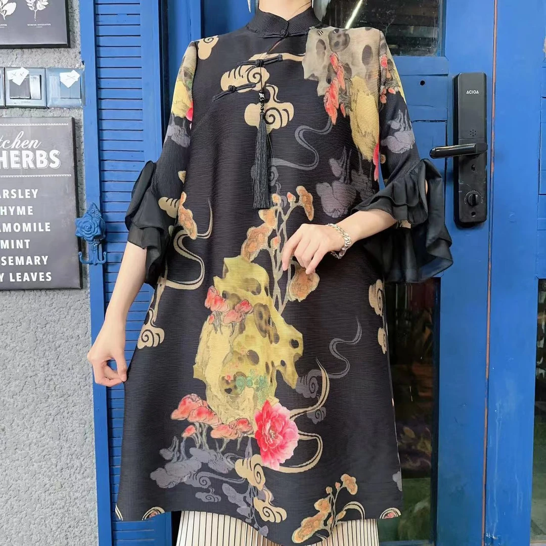 【新中式】欧洲站2023早秋新爆款洋气质高档端女褶皱连衣裙JS1625