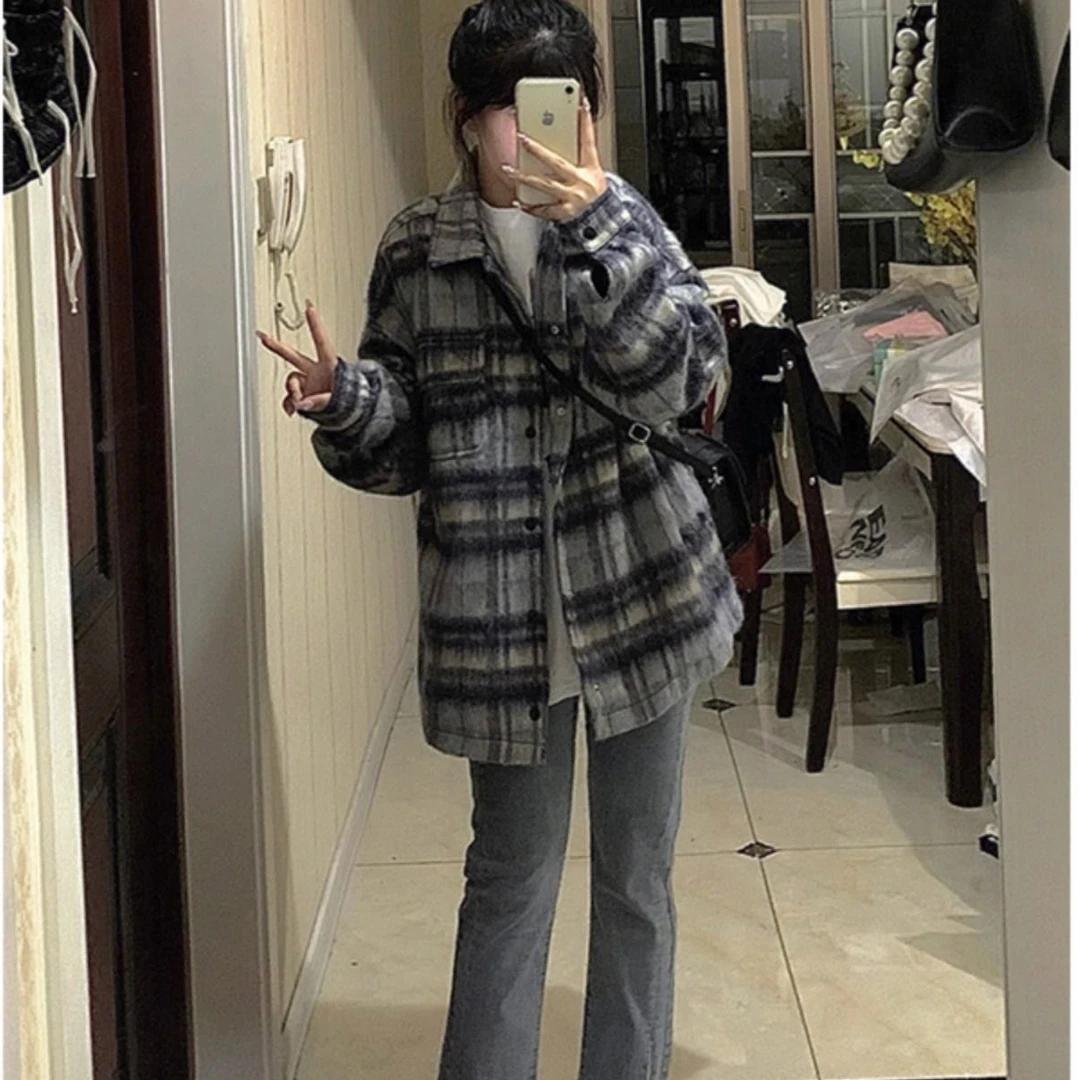 韩系灰色格子毛呢外套女秋冬新款慵懒小香风